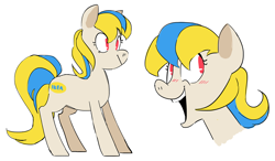 Size: 1500x875 | Tagged: safe, artist:stevetwisp, derpibooru import, oc, oc:pia ikea, pony, blushing, cute, ikea, smiling