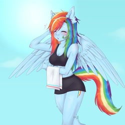 Size: 4000x4000 | Tagged: safe, artist:suqarskvll, derpibooru import, rainbow dash, anthro, pegasus, blushing, clothes, eyes closed, female, shorts, simple background, thighs, towel