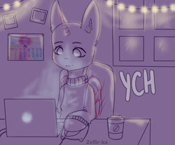 Size: 2400x2000 | Tagged: safe, artist:zefirka, derpibooru import, pony, advertisement, chair, clothes, commission, computer, garland, laptop computer, night, solo, sweater, window, your character here