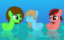 Size: 1024x643 | Tagged: safe, artist:tacobender, derpibooru import, oc, oc only, oc:ivory keys, oc:ladybug, duck, duck pony, pegasus, pony, afro, blue coat, female, green coat, mare, red coat, simple background, solo, trio, vector, water, wings