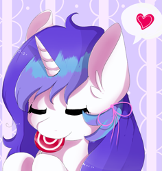 Size: 1415x1501 | Tagged: safe, artist:whiskyice, derpibooru import, oc, oc only, oc:windy, pony, unicorn, abstract background, bow, bust, candy, eyes closed, food, hair bow, heart, horn, lollipop, pictogram, unicorn oc