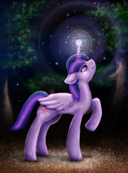 Size: 1814x2455 | Tagged: safe, artist:mlledashie, derpibooru import, twilight sparkle, twilight sparkle (alicorn), alicorn, female, forest, magic, mare, night, solo