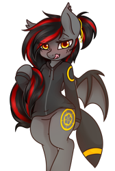 Size: 1949x2904 | Tagged: safe, artist:ruef, oc, oc only, oc:tomoko tanue, bat pony, pony, fallout equestria, clothes, female, hoodie, mare, pokémon, ponytail, solo, umbreon