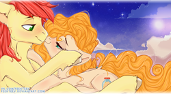 Size: 1280x704 | Tagged: safe, artist:feekteev, bright mac, pear butter, earth pony, pony, the perfect pear, brightbutter, female, full moon, husband and wife, looking at each other, male, mare, moon, night, smiling, stallion, stars