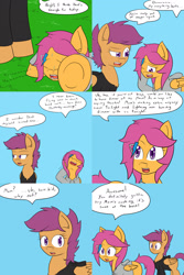 Size: 1600x2400 | Tagged: safe, artist:jake heritagu, scootaloo, pony, comic:ask motherly scootaloo, comic, factory scootaloo, hairpin, motherly scootaloo, sweatshirt