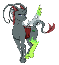 Size: 1576x1717 | Tagged: safe, artist:heniek, oc, oc only, changeling, changeling oc, looking at you, red changeling, simple background, solo, transformation, transparent background
