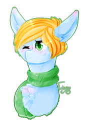 Size: 429x635 | Tagged: safe, artist:twinkepaint, oc, oc only, oc:shiro, pony, blushing, bust, chest fluff, clothes, male, one eye closed, portrait, scarf, simple background, solo, stallion, transparent background