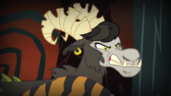 Size: 1280x720 | Tagged: safe, derpibooru import, screencap, chimera sisters, chimera, goat, somepony to watch over me, ear piercing, earring, jewelry, multiple heads, piercing, snarling, solo, three heads