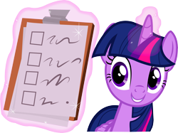 Size: 3277x2446 | Tagged: safe, artist:electrochoc, derpibooru import, twilight sparkle, twilight sparkle (alicorn), alicorn, pony, testing testing 1-2-3, clipboard, cute, glowing horn, high res, magic, simple background, smiling, telekinesis, transparent background, twiabetes, vector