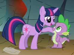 Size: 510x380 | Tagged: safe, screencap, spike, twilight sparkle, dragon, a dog and pony show, cropped