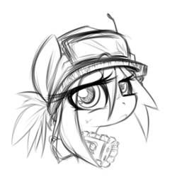 Size: 1280x1334 | Tagged: safe, artist:jetwave, oc, oc only, oc:treasure, earth pony, pony, antennae, bust, female, goggles, hair tie, headgear, looking at you, military, monochrome, portrait, sketch, solo