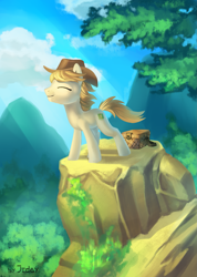 Size: 1425x2000 | Tagged: safe, artist:jedayskayvoker, derpibooru import, oc, oc:hickory switch, earth pony, pony, basket, blonde mane, commission, cowboy hat, cutie mark, detailed background, eyes closed, hat, male, picnic basket, rock, scenery, smiling, stallion, stetson, white pony, ych result