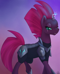 Size: 1908x2365 | Tagged: safe, artist:uncannycritter, derpibooru import, tempest shadow, pony, unicorn, my little pony: the movie, armor, broken horn, electricity magic, eye scar, female, mare, scar, solo