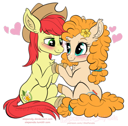 Size: 779x766 | Tagged: safe, artist:stepandy, bright mac, pear butter, earth pony, pony, the perfect pear, blushing, brightbutter, duo, eye contact, looking at each other, simple background, smiling, transparent background, watermark