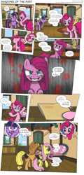 Size: 3000x6233 | Tagged: safe, artist:perfectblue97, derpibooru import, applejack, fluttershy, pinkie pie, spike, twilight sparkle, dragon, earth pony, pegasus, pony, unicorn, comic:shadows of the past, fanfic:cupcakes, accident, bait and switch, censor bar, censored, comic, document, fear wetting, implied pissing, pinkamena diane pie, pointy ponies, poop, scared, sofa, sweet apple acres, unnecessary censorship, urine, wetting