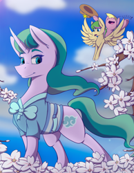 Size: 1704x2200 | Tagged: safe, artist:lula-moonarts, derpibooru import, mistmane, oc, earth pony, pegasus, pony, unicorn, cloud, convention, eeee, female, hat, mare, print, scenery, solo focus, spread wings, wavy mane, wings