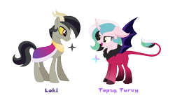 Size: 1070x614 | Tagged: safe, artist:andy-hazards, derpibooru import, oc, oc only, oc:loki, oc:topsy turvy, draconequus, hybrid, pony, base used, brother and sister, cape, clothes, cloven hooves, colored sclera, draconequus oc, duo, female, interspecies offspring, leonine tail, male, offspring, parent:discord, parent:princess celestia, parents:dislestia, siblings, simple background, stallion, transparent background