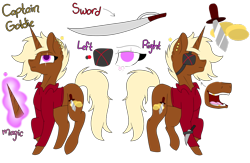 Size: 1024x668 | Tagged: safe, artist:tomboygirl45, derpibooru import, oc, oc:captain goldie, pony, unicorn, clothes, eyepatch, female, mare, reference sheet, simple background, solo, sword, transparent background, weapon