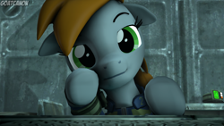 Size: 3840x2160 | Tagged: safe, artist:goatcanon, derpibooru import, oc, oc:littlepip, pony, unicorn, fallout equestria, 3d, clothes, commission, fallout, fanfic, fanfic art, female, floppy ears, hooves, horn, looking at you, mare, pipbuck, smiling, smirk, solo, source filmmaker, stable, stable-tec, vault suit