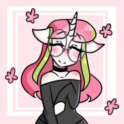 Size: 900x900 | Tagged: safe, artist:mimisaurusrex, oc, oc only, oc:stargazer lily, anthro, unicorn, animated, anthro oc, blushing, choker, clothes, eyes closed, female, flower, freckles, gif, glasses, mare, shoulder freckles, shoulderless, smiling, solo, sweater