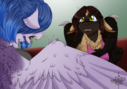 Size: 2480x1748 | Tagged: safe, artist:theecchiqueen, derpibooru import, oc, oc only, oc:casey bleu, oc:rasta jam, anthro, bat pony, pegasus, anthro oc, bat pony oc, bleujam, crying, female, husband and wife, male, mare, married couple, oc x oc, shipping, song birds, stallion, story in the source, yelling
