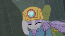 Size: 1920x1080 | Tagged: safe, screencap, maud pie, pony, rock solid friendship, discovery family logo, hard hat, hat, helmet, mining helmet, sad, solo, wind, windswept mane