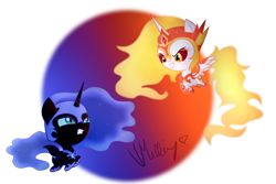 Size: 3000x2000 | Tagged: safe, artist:vcm1824, daybreaker, nightmare moon, pony, a royal problem, chibi, diabreaker, female, filly, flying, grin, gritted teeth, nightmare woon, royal sisters, simple background, smiling, transparent background