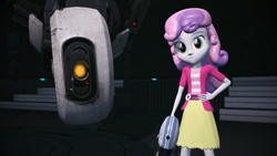 Size: 1920x1080 | Tagged: safe, artist:razethebeast, sweetie belle, equestria girls, 3d, clothes, crossover, glados, looking at you, portal (valve), portal gun, smiling, source filmmaker, video game