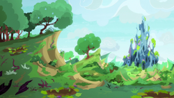 Size: 1280x720 | Tagged: safe, derpibooru import, screencap, to change a changeling, background, changeling hive, cloud, grass, no pony, partly cloudy, plant, scenery, tree, vegetation