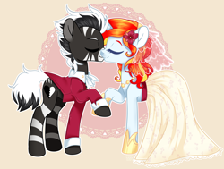 Size: 5300x4000 | Tagged: safe, artist:hawthornss, oc, oc only, pony, unicorn, zebra, absurd resolution, clothes, dress, female, kissing, male, marriage, stallion, straight, suit, wedding, wedding dress