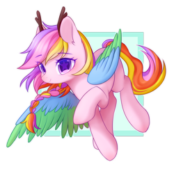 Size: 2000x2000 | Tagged: safe, artist:leafywind, derpibooru import, oc, oc only, pegasus, pony, abstract background, antlers, braid, colored pupils, colored wings, ear fluff, female, mare, multicolored hair, multicolored tail, simple background, smiling, solo, spread wings, starry eyes, transparent background, two toned wings, wingding eyes, wings