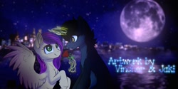 Size: 2048x1026 | Tagged: safe, artist:vincher, artist:yfcnzhe, oc, oc only, pegasus, pony, unicorn, female, flower, magic, male, mare, moon, night, rose, stallion