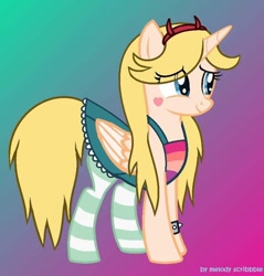 Size: 840x880 | Tagged: safe, artist:xxmelody-scribblexx, derpibooru import, alicorn, pony, base used, clothes, dress, ponified, socks, solo, star butterfly, star vs the forces of evil, striped socks