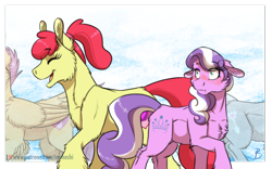 Size: 1024x639 | Tagged: safe, artist:inuhoshi-to-darkpen, derpibooru import, apple bloom, diamond tiara, scootaloo, silver spoon, earth pony, pegasus, pony, blushing, chest fluff, diamondbloom, duo focus, eyes closed, female, floppy ears, head out of frame, height difference, implied diamondbloom, implied lesbian, implied shipping, lesbian, looking back, mare, older, older apple bloom, older diamond tiara, older scootaloo, older silver spoon, open mouth, patreon, patreon logo, shipping, smiling