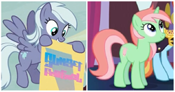 Size: 892x471 | Tagged: safe, screencap, sassy saddles, pegasus, pony, unicorn, canterlot boutique, to where and back again, background pony, banner, cotton candy, cotton mint, cropped, cutie mark, discovery family logo, dusk drift, female, mare, mint julep, mouth hold