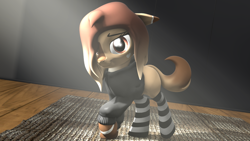 Size: 1024x576 | Tagged: safe, artist:okimichan, derpibooru import, oc, oc:claire, pony, 3d, clothes, female, hoodie, mare, socks, solo, striped socks