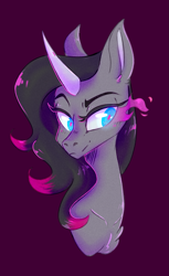 Size: 969x1585 | Tagged: dead source, safe, artist:yomitai, derpibooru import, oleander, unicorn, them's fightin' herds, bust, curved horn, portrait, purple background, simple background, solo