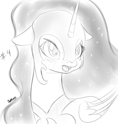 Size: 1600x1684 | Tagged: safe, artist:alesarox, derpibooru import, nightmare moon, alicorn, deviantart watermark, female, grayscale, monochrome, obtrusive watermark, sketch, solo, watermark