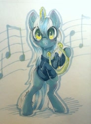 Size: 1076x1459 | Tagged: safe, artist:vincher, lyra heartstrings, pony, fanfic:background pony, bipedal, clothes, crying, hoodie, looking at you, lyre, magic, music notes, sad, solo, traditional art