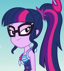 Size: 651x720 | Tagged: safe, derpibooru import, screencap, pinkie pie, sci-twi, twilight sparkle, better together, equestria girls, friendship math, beach, clothes, cropped, geode of telekinesis, lidded eyes, looking at you, out of context, ponytail, sky, solo, solo focus, swimsuit