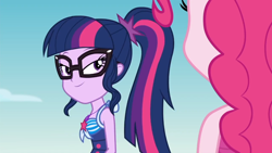 Size: 1920x1080 | Tagged: safe, derpibooru import, screencap, pinkie pie, sci-twi, twilight sparkle, better together, equestria girls, friendship math, >:), beach, clothes, evil grin, out of context, sky, smiling, smirk, solo focus, swimsuit