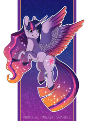 Size: 1024x1385 | Tagged: safe, artist:whitewingedanwe, derpibooru import, twilight sparkle, twilight sparkle (alicorn), alicorn, pony, abstract background, colored hooves, colored wings, ethereal mane, female, gradient wings, mare, solo, spread wings, wings