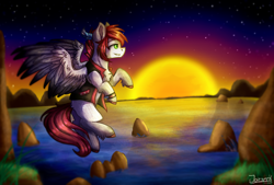 Size: 2964x2000 | Tagged: safe, artist:jazzerix, oc, oc only, oc:ashton, pony, clothes, flying, gift art, green eyes, jacket, male, ponysona, signature, smiling, solo, stallion, sunset, water