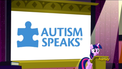 Size: 1920x1080 | Tagged: safe, artist:dwk, derpibooru import, edit, edited screencap, screencap, twilight sparkle, twilight sparkle (alicorn), alicorn, pony, the cutie re-mark, ableism, autism, autism speaks, book, discovery family logo, female, mare, speech, totally legit recap