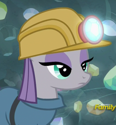 Size: 427x461 | Tagged: safe, screencap, maud pie, earth pony, pony, rock solid friendship, cropped, discovery family logo, female, gem, gem cave, hard hat, hat, helmet, lidded eyes, mare, mining helmet, solo