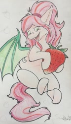 Size: 365x635 | Tagged: safe, artist:scruffy-scribbles, derpibooru import, oc, oc only, bat pony, pony, food, solo, strawberry, traditional art