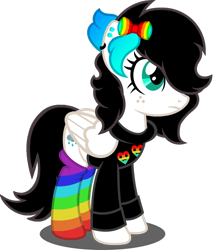 Size: 1280x1471 | Tagged: safe, artist:fletcherthehuntress, derpibooru import, oc, oc:rainbow droplet, pony, clothes, female, hoodie, mare, rainbow socks, simple background, socks, solo, striped socks, transparent background