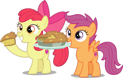 Size: 5000x3172 | Tagged: safe, artist:dashiesparkle, derpibooru import, apple bloom, scootaloo, earth pony, pegasus, pony, the break up breakdown, .svg available, adorabloom, cute, cutealoo, duo, filly, foal, food, hoof hold, mouth hold, pie, plate, simple background, transparent background, vector
