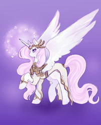 Size: 805x1000 | Tagged: safe, artist:saint-juniper, derpibooru import, oc, oc:athena, alicorn, pony, fanfic:myths and birthrights, alicorn oc, alicornified, athena, beautiful, clothes, dress, fanfic, fanfic art, female, fleur-de-corne, jewelry, mare, purple background, race swap, raised hoof, simple background, solo, spread wings, transformation, wings