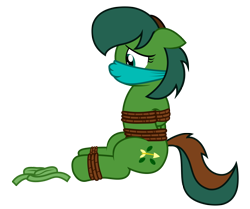 Size: 1008x841 | Tagged: safe, artist:darkstorm619, derpibooru import, oc, oc only, oc:windy barebow evergreen, pegasus, pony, bondage, bound and gagged, cloth gag, damsel in distress, female, floppy ears, gag, hoof wraps, hooves behind back, otn gag, rope, rope bondage, simple background, solo, tied up, transparent background, worried